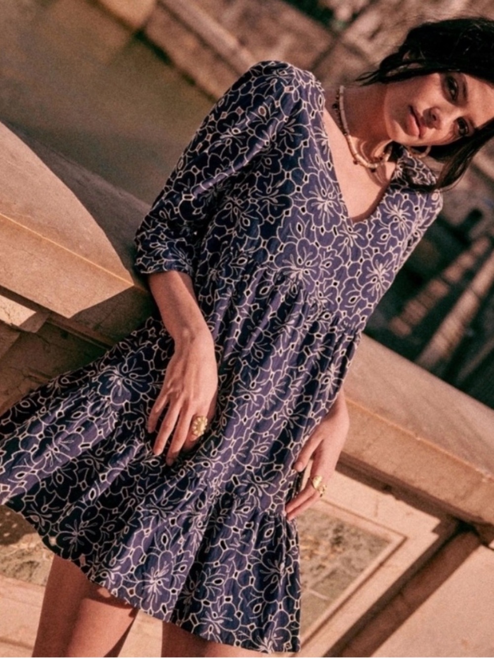 Sezane Aura Dress Ecru / Navy - Size 2